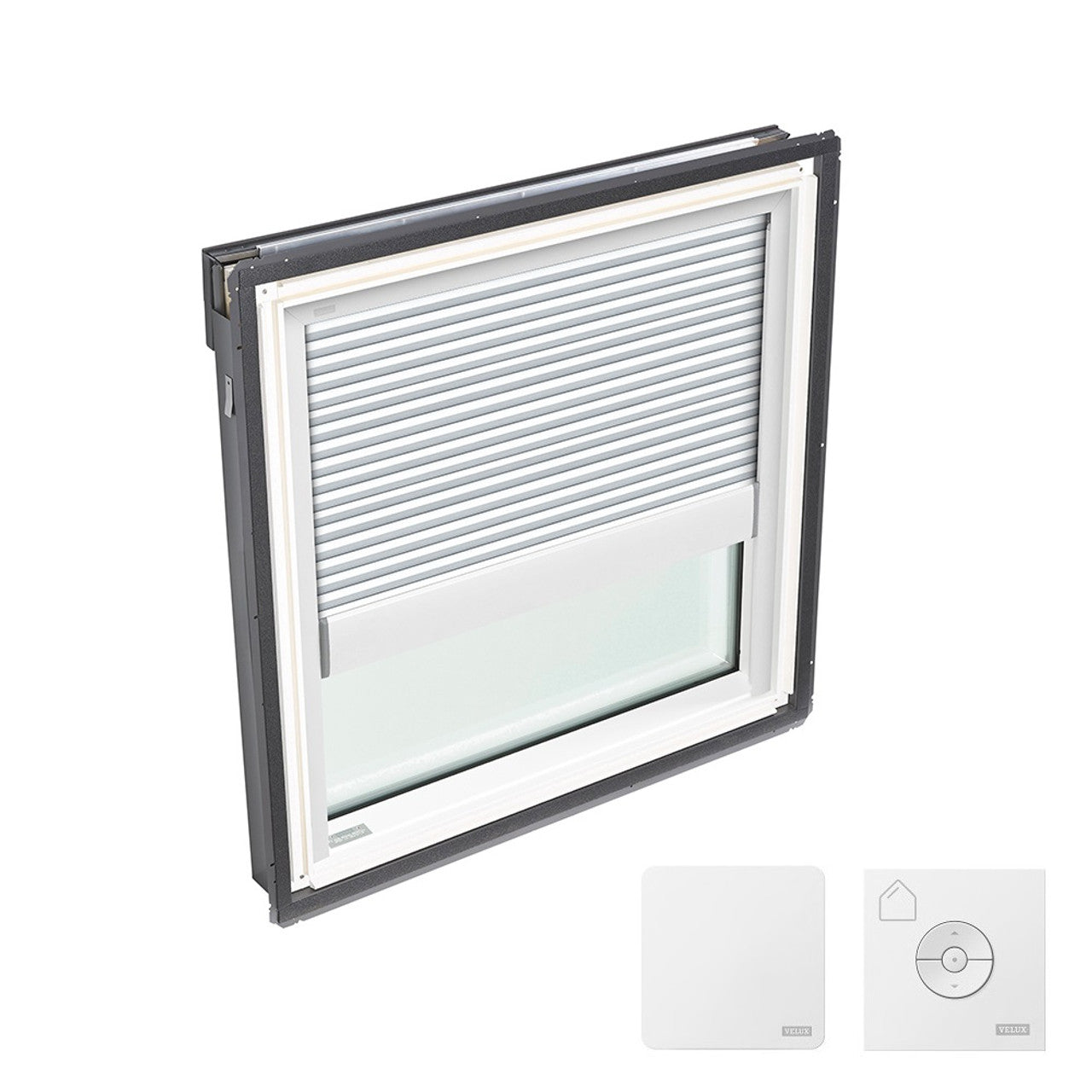 FIXED Deck Mount FS S06 ROUGH OPENING 44 1/4 by 45 3/4 OD Neat Glass Laminated 2004 w/ Removable White Solar Powered Room Darkening Shade