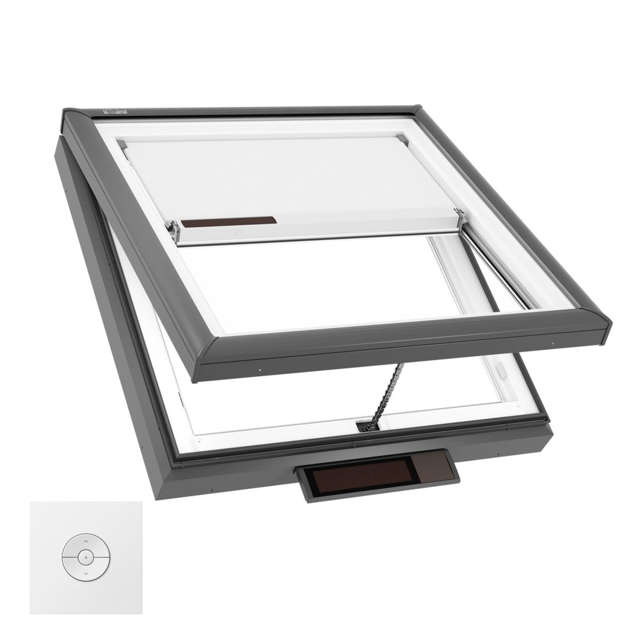 VELUX Solar/Electric Venting Curb Mount VCS/VCE 2222 Max OD curb 26 5/8 by 26 5/8 w/ Pre-Installed White Room Darkening Shade