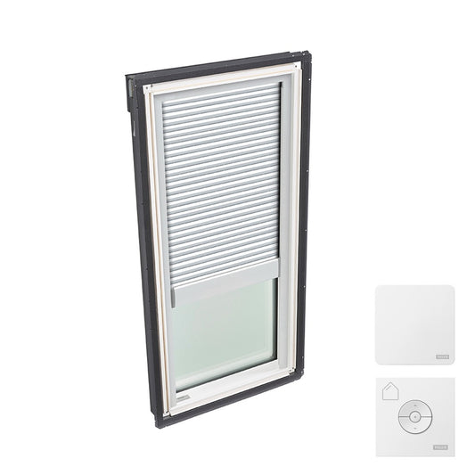 FIXED Deck Mount FS C04 ROUGH OPENING 21 by 37 7/8 OD Neat Glass Laminated 2004 w/ White Solar Powered Room Darkening Shade