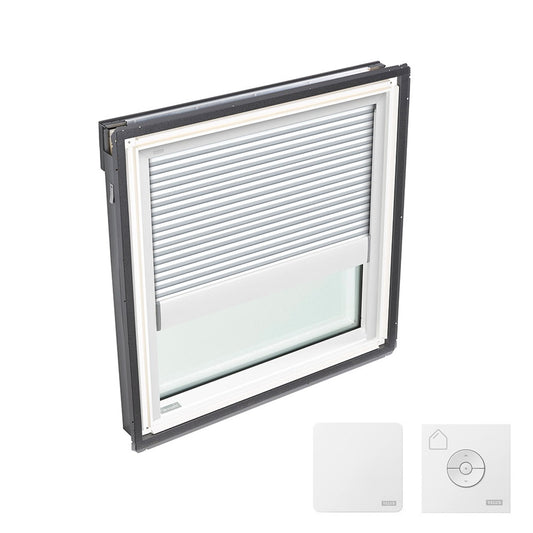 VELUX Fixed Deck Mount FS C01 ROUGH OPENING 21 by 26 7/8 OD w/ Pre-Installed White Room Darkening Shade
