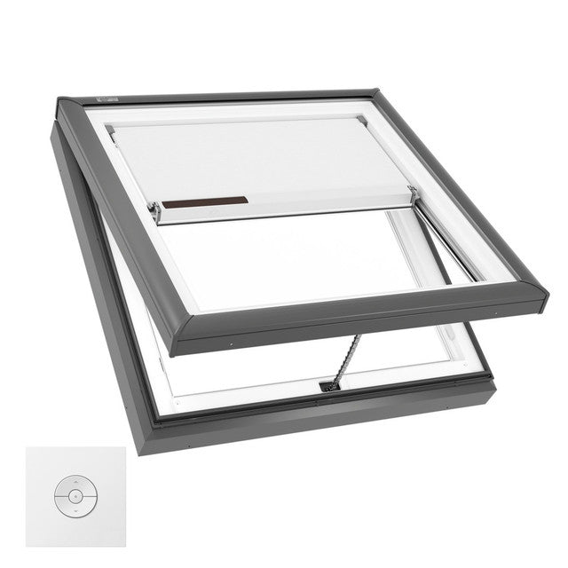 VELUX Manual Venting Curb Mount VCM 2222 Max OD curb 26 5/8 by 26 5/8 w/ Pre-Installed White Room Darkening Shade