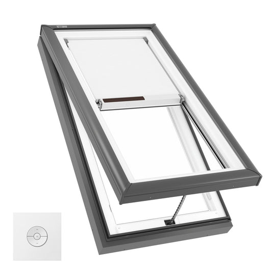 VELUX Manual Venting Curb Mount VCM 3046 Max OD curb 34 5/8 by 50 5/8 w/ Pre-Installed White Room Darkening Shade
