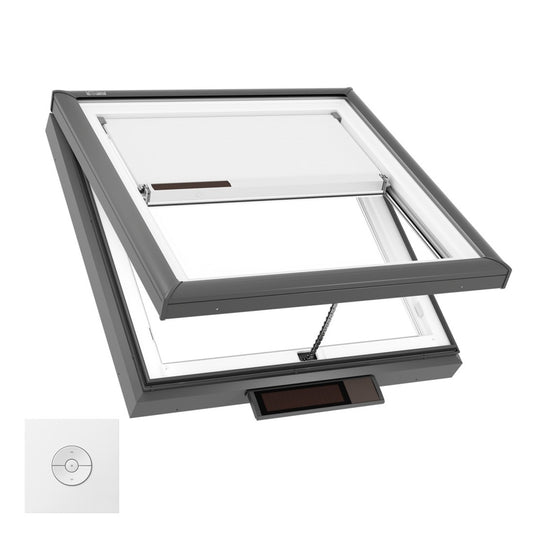 VELUX Solar/Electric Venting Curb Mount VCS/VCE 2222 Max OD curb 26 5/8 by 26 5/8 w/ Pre-Installed White Room Darkening Shade