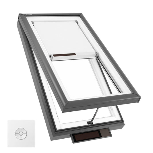 VELUX Solar/Electric Venting Curb Mount VCS/VCE 3046 Max OD curb 34 5/8 by 50 5/8 w/ Pre-Installed White Room Darkening Shade